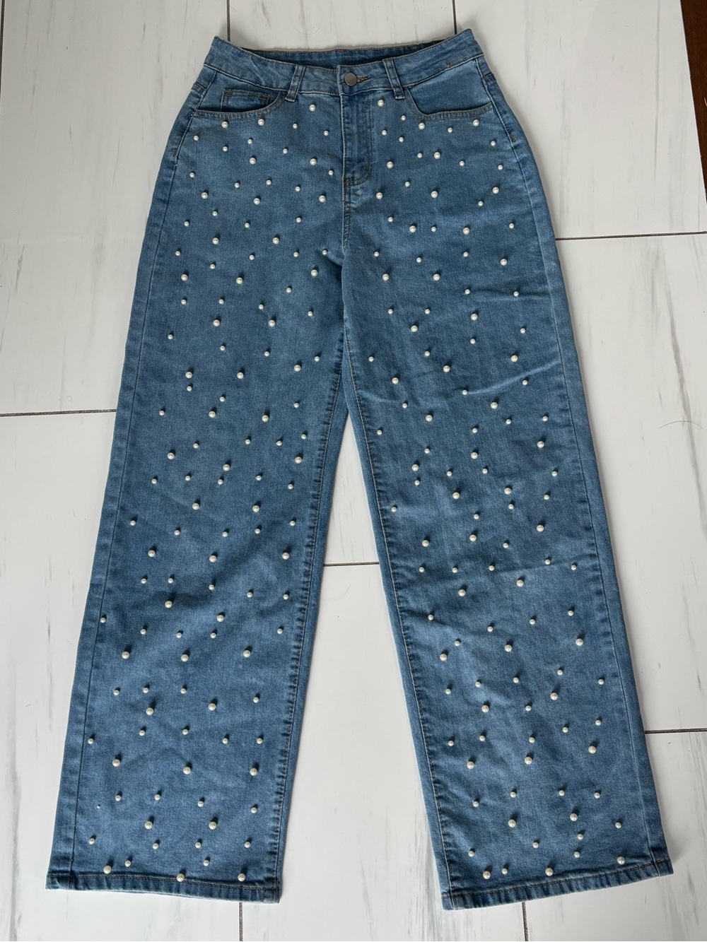Pearl-Embellished Blue Wide-Leg Jeans